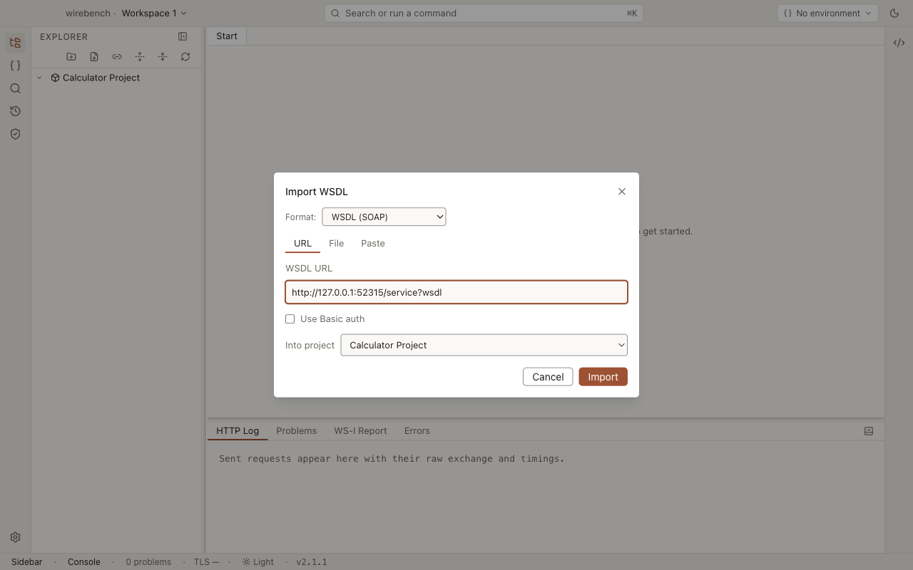 The Import dialog with a WSDL URL filled in