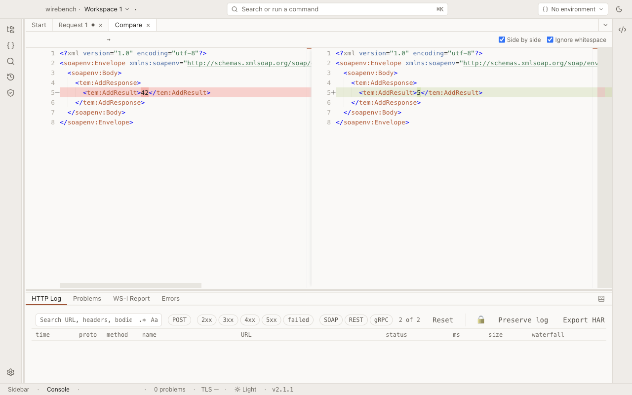 A Compare tab diffing two runs of Request 1 side by side, next to the History list