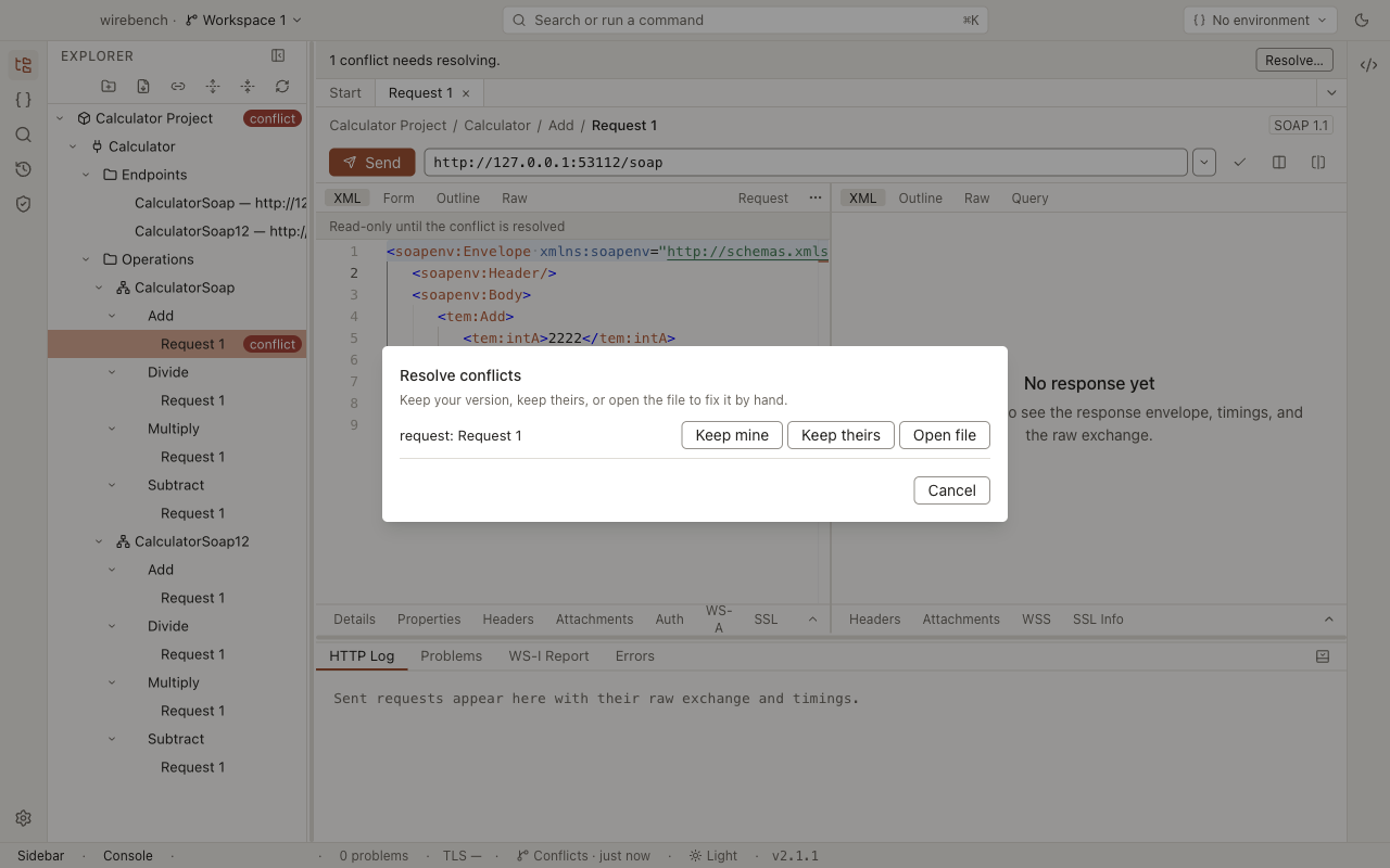 The conflict resolver naming a request both sides edited
