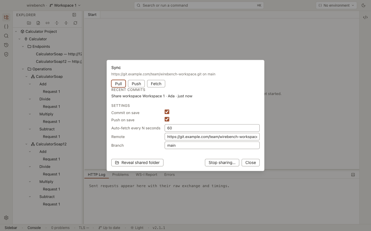 The Sync panel of a workspace shared to a git remote