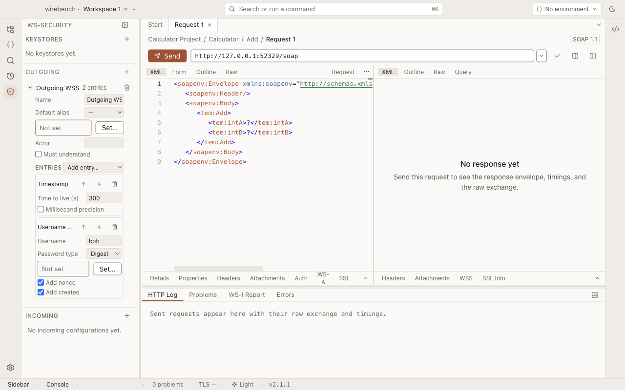 An expanded outgoing WS-Security configuration with a Timestamp entry and a Username Token entry for user bob, password type Digest