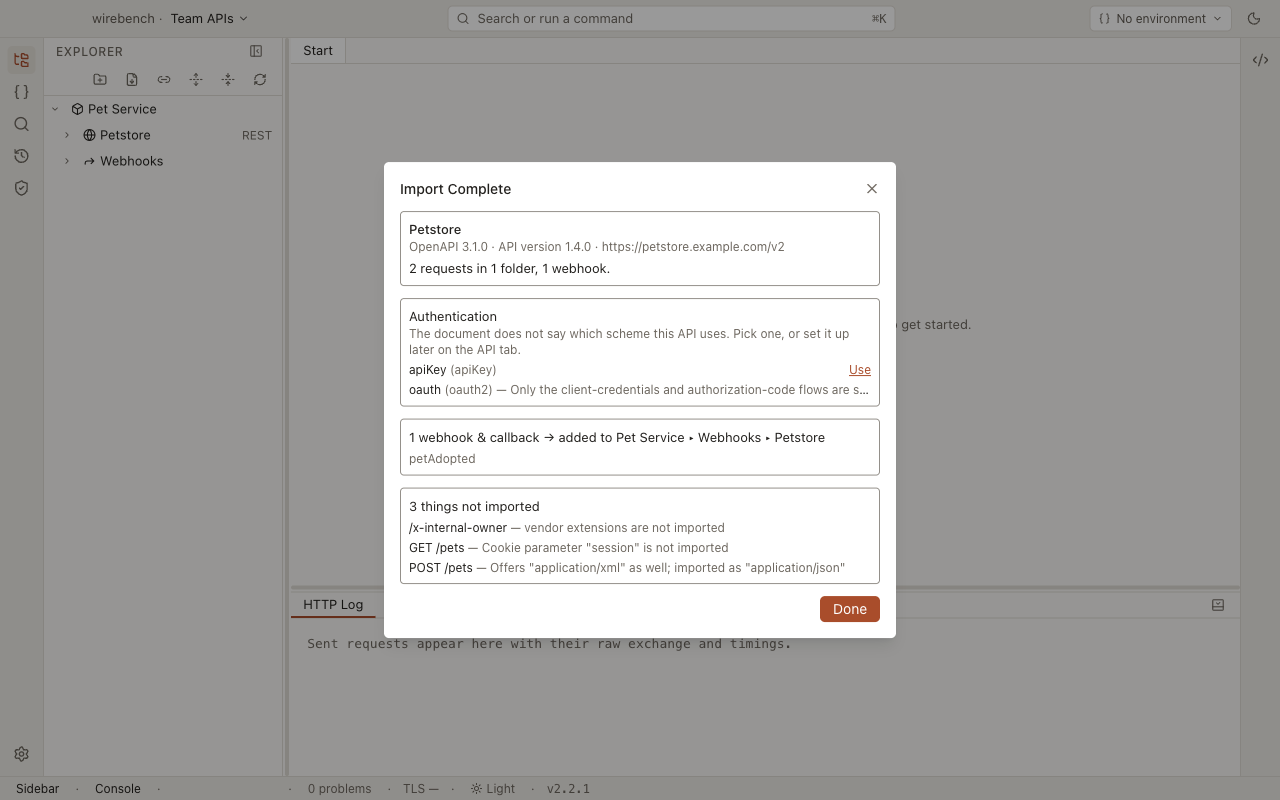 The import summary for an OpenAPI document: two requests in one folder, two security schemes to choose from, one webhook added to the Webhooks collection, and three things not imported