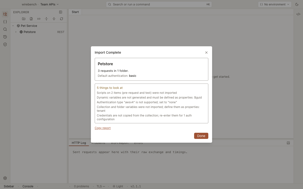 The import summary for a Postman collection: three requests in one folder, and five things to look at, from scripts to credentials