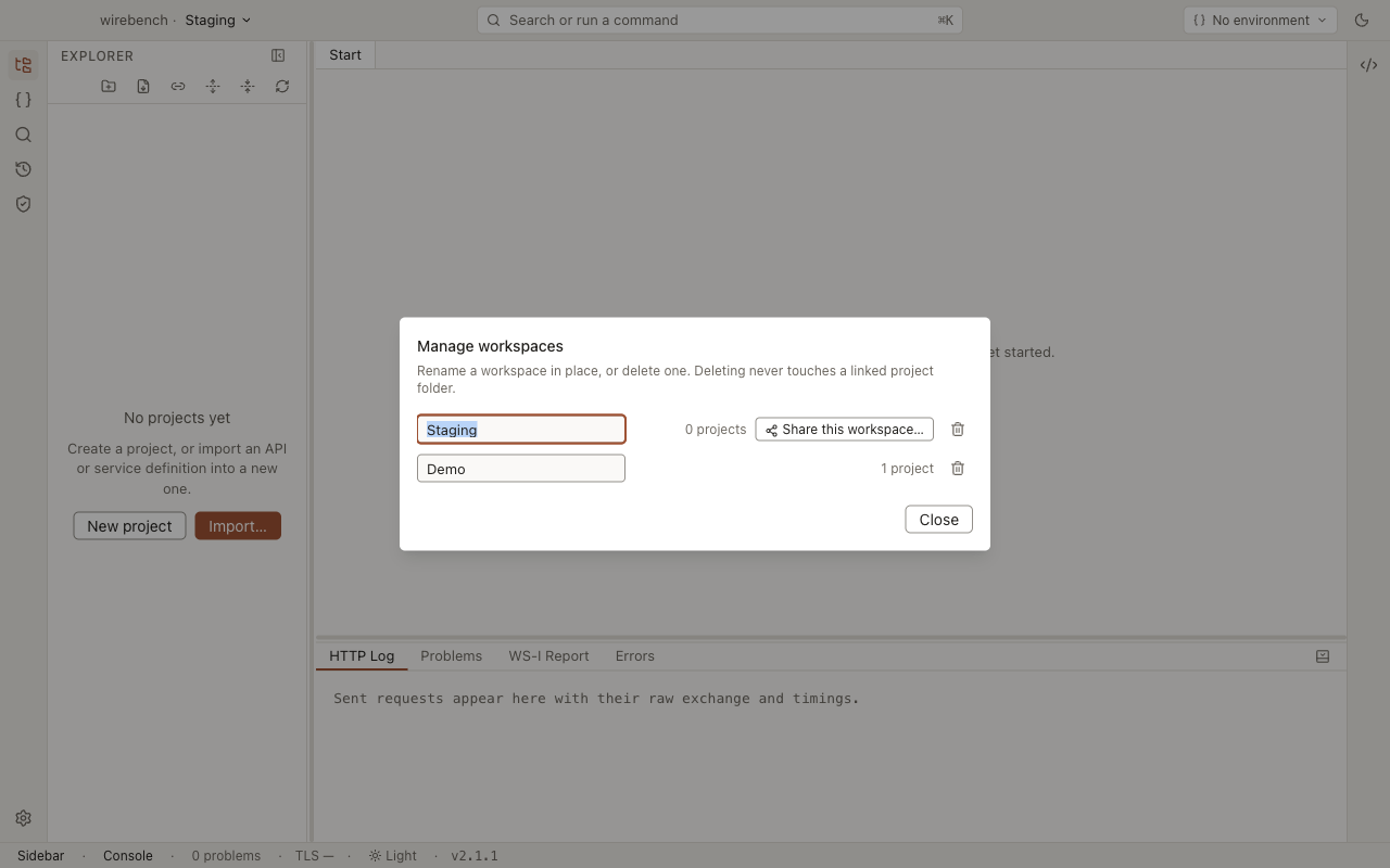 The Manage workspaces dialog listing two workspaces, Demo and Staging, with their rename fields and share and delete buttons