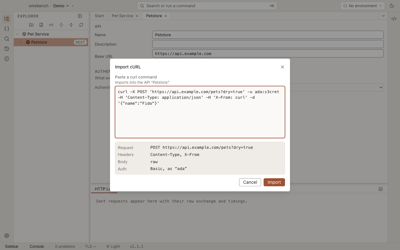 The cURL import dialog with a pasted command and the request it produces