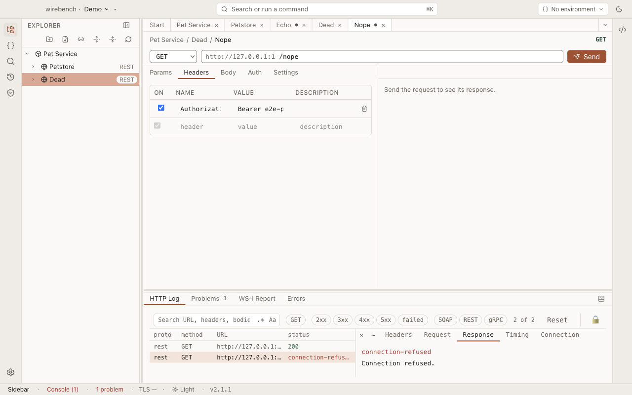 A failed send selected in the HTTP Log, with its connection error in the response tab