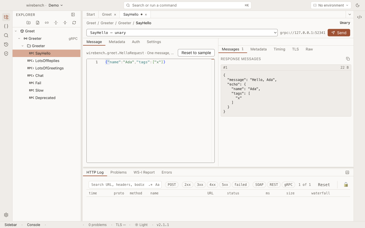 A unary gRPC call to a Greeter service and its reply