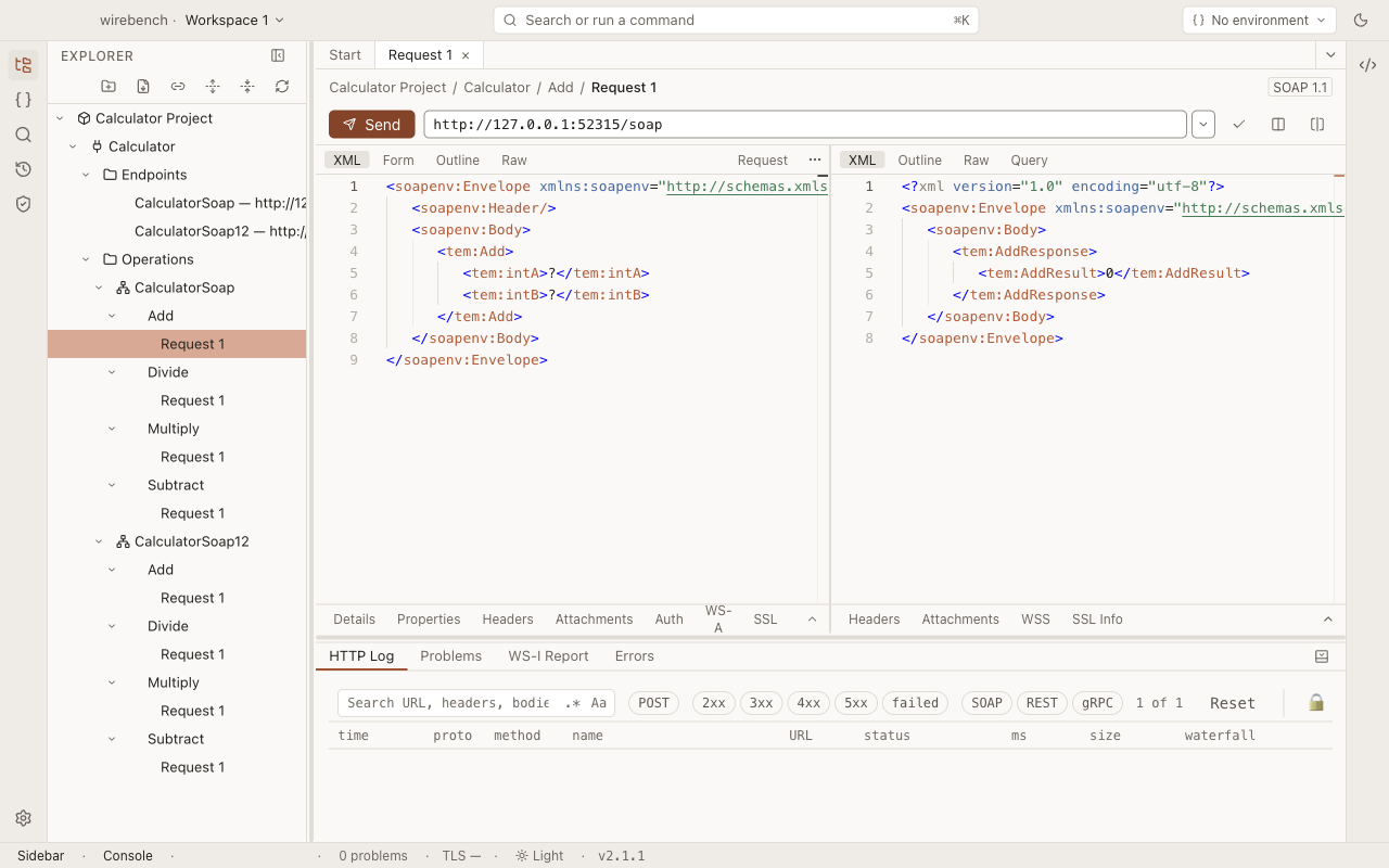 A SOAP request and its response in the Wirebench shell